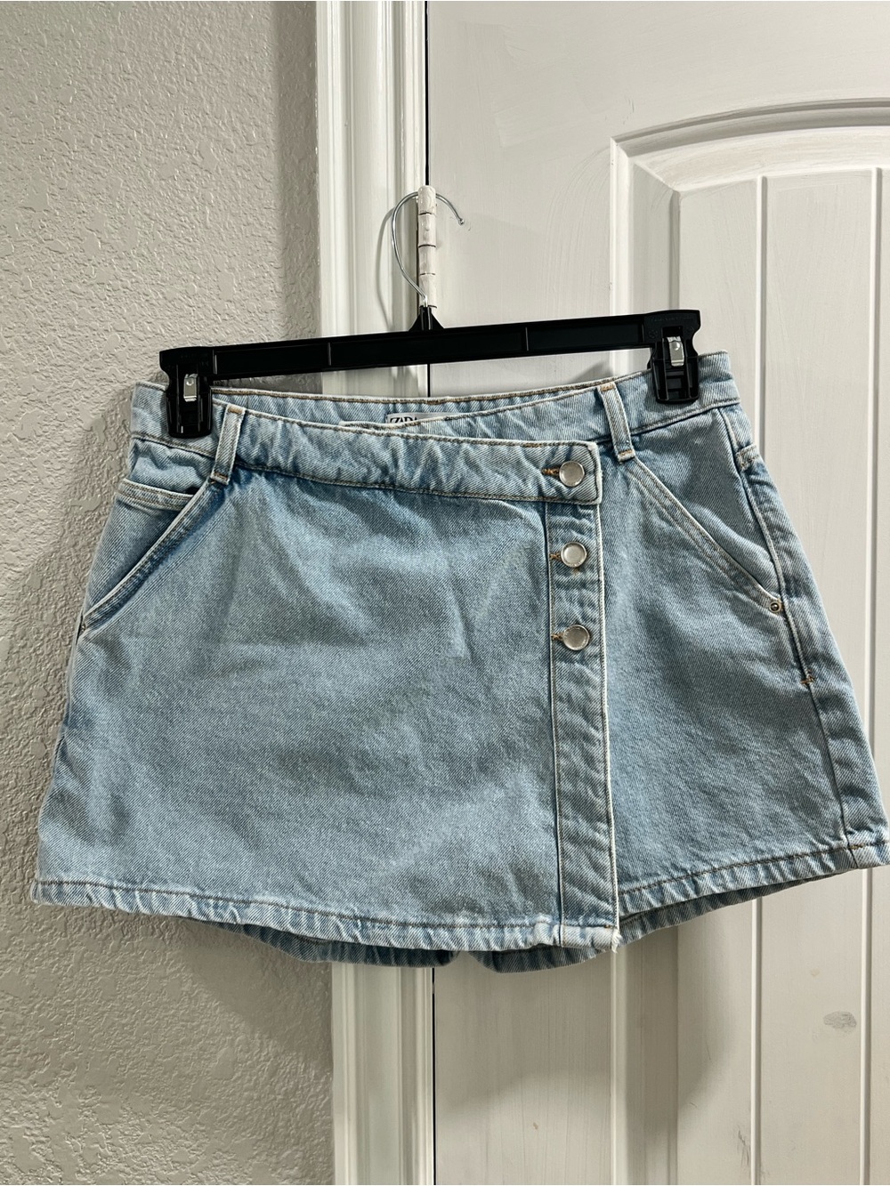 Zara Light Blue Denim Mini Skort with Asymmetric Button Front